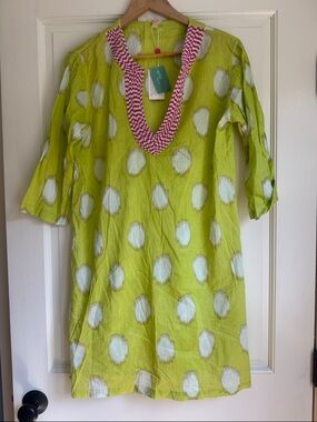 Echo Beach Lime Green Dot Tunic with Pink and White Beaded Trim